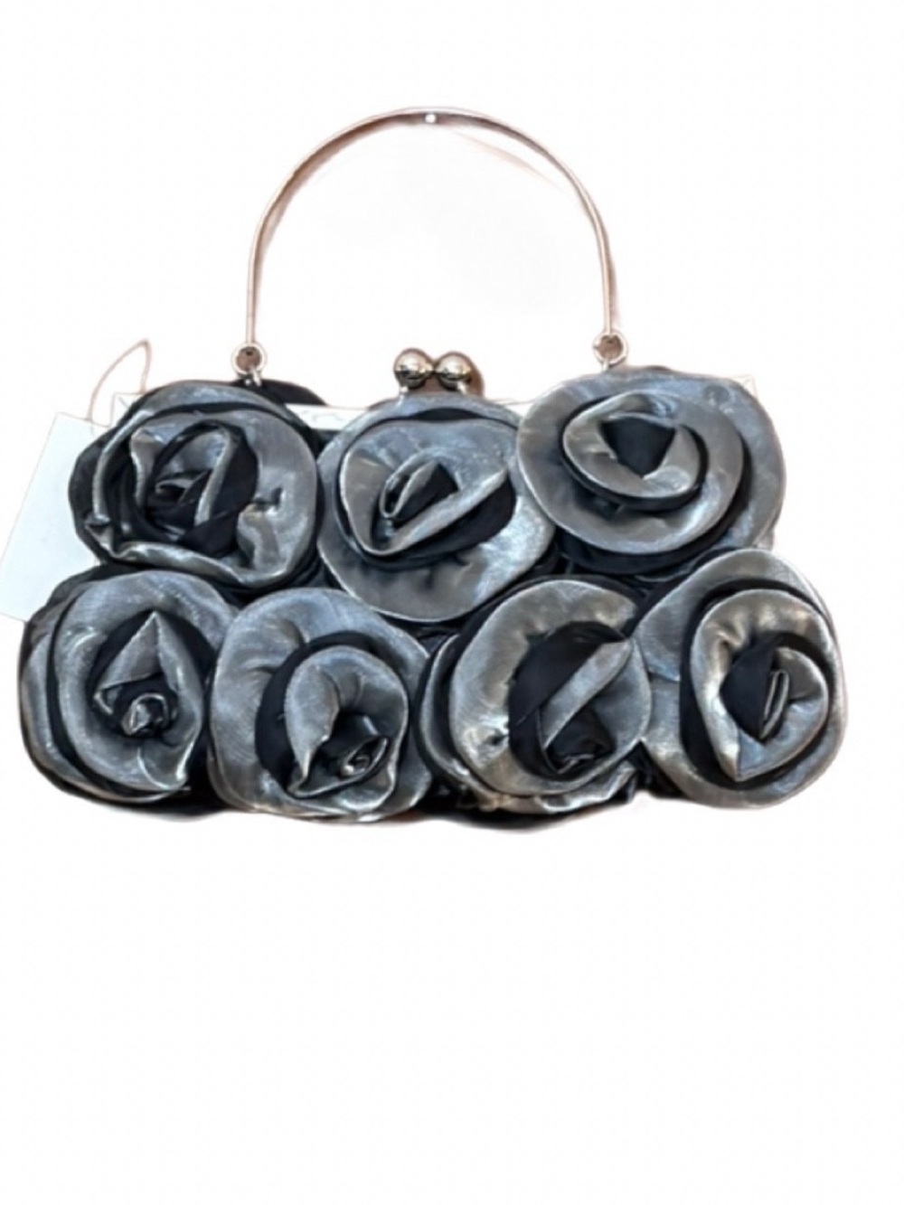 Helen Heart Gray Rosette Formal Evening Bag NWT Silver Handle Chain Strap - Picture 4 of 6